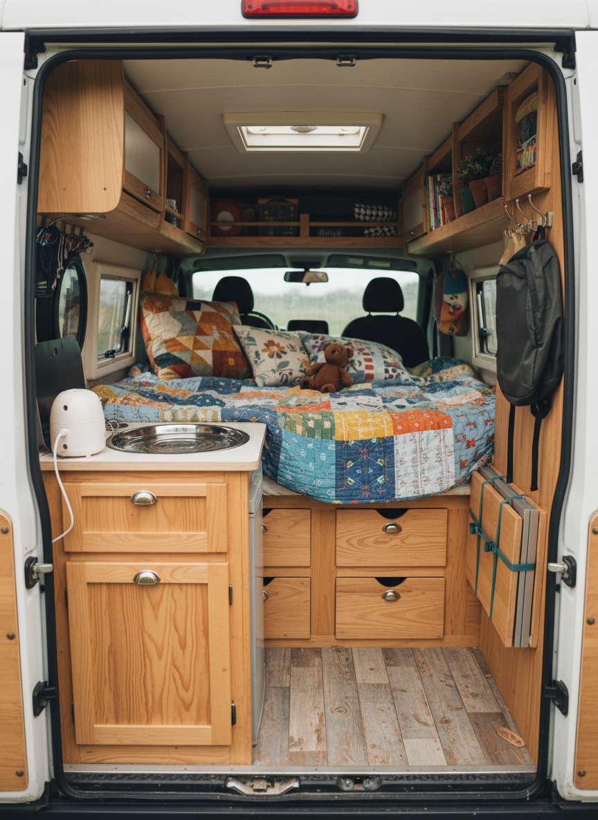 The interior of a European campervan captured from the rear doors, revealing a cleverly organized tiny home on wheels. A compact wooden kitchenette with brushed steel fixtures faces a neatly made bed with colorful, mismatched textiles and a small plush toy tucked at the pillow. A travel-sized baby bottle warmer rests on the counter next to a stainless-steel dog bowl, water still rippling inside. Soft, overcast daylight streams in from side windows and skylight, creating gentle, even illumination. Photographic realism with a slightly elevated angle, showing depth down the aisle and subtle bokeh beyond the front seats. The atmosphere is playful, lived-in, and inviting, emphasizing creative storage and cozy family travel.