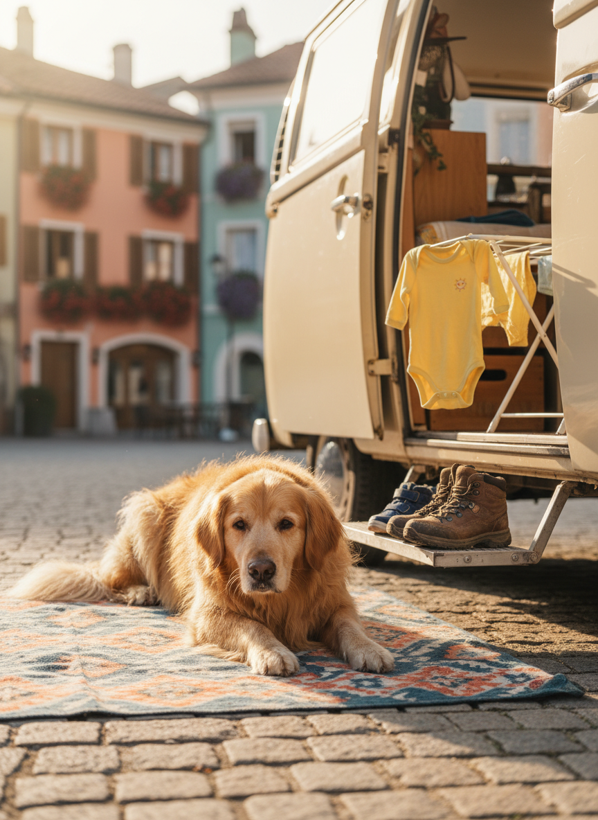 A golden retriever with a thick, slightly tousled coat lies comfortably on a patterned outdoor rug just outside a campervan’s open side door, a bright yellow baby onesie draped over a compact drying rack nearby. The van’s lower step holds a pair of tiny velcro baby shoes beside well-worn hiking boots, all dusted with a hint of road dust. Morning light spills across cobblestone ground in a charming European village square, with pastel façades and flower boxes softly blurred in the background. Photographic realism with shallow depth of field, shot from a low, dog-level angle, creating a playful, heartwarming mood that highlights the contrast between rugged travel and tender baby details.