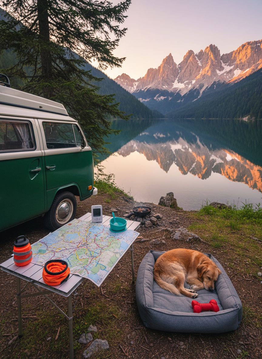 A small campsite tucked beside a serene Alpine lake, with a campervan parked under tall pines. In front of the van, a compact folding table holds neatly arranged travel essentials: a detailed paper map of Europe with colorful routes marked, a baby monitor, a silicone suction baby bowl, and a collapsible dog water bottle. A sturdy dog bed rests near the table, slightly rumpled, with a chew toy peeking out. The water reflects snow-dusted peaks glowing in soft sunset light. Photographic realism, captured from a three-quarter elevated angle to show both table details and expansive landscape, with a calm yet adventurous atmosphere and vibrant, clean colors that feel playful but grounded in nature.